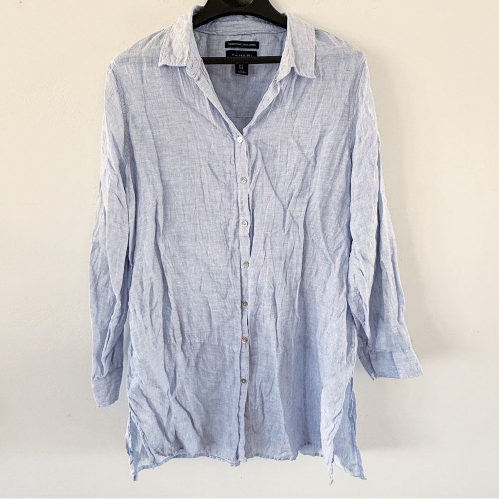 Tahari Women Oversized Button Down 100% Linen Top 1X Coastal Beach Nautical Blue